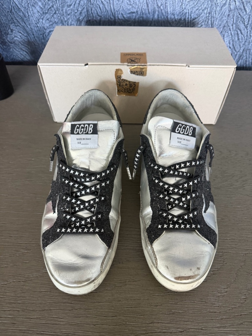 Golden Goose Silver Leather Sneakers with Black Star & Laces